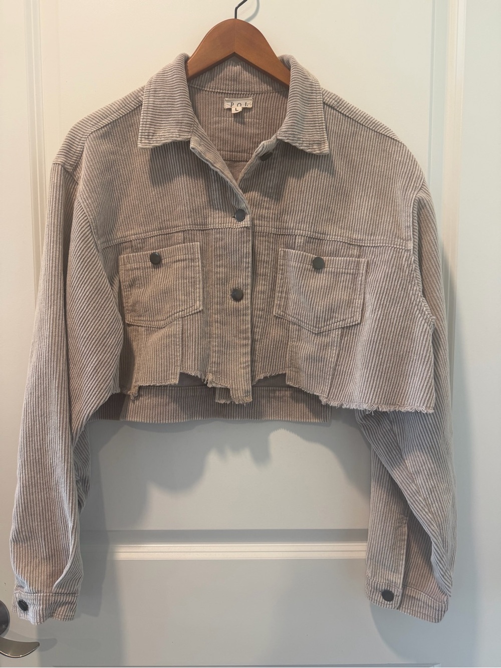 POL Cropped Corduroy Jean Jacket in Light Taupe